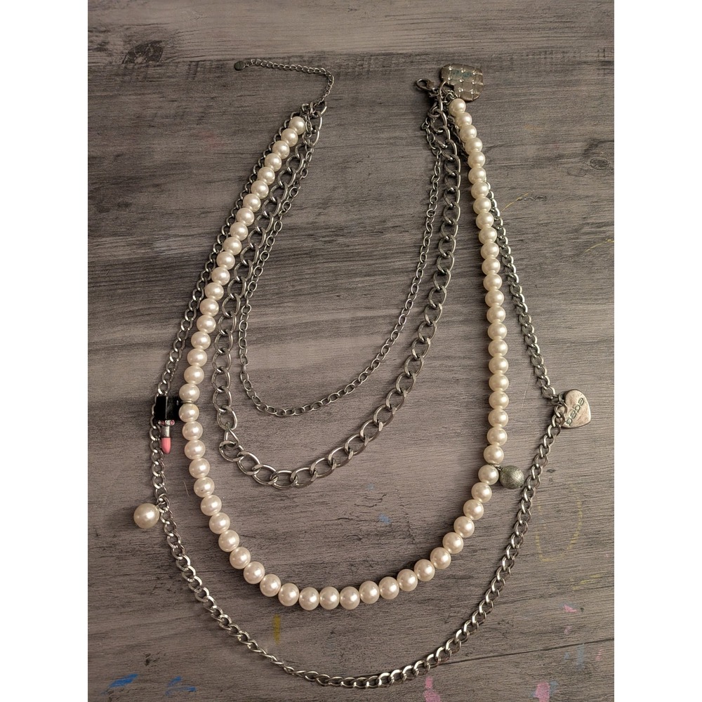 Y2K Bebe Silver Tone Multi Strand‎ Layered Faux Pearl and Chain Charm Necklace